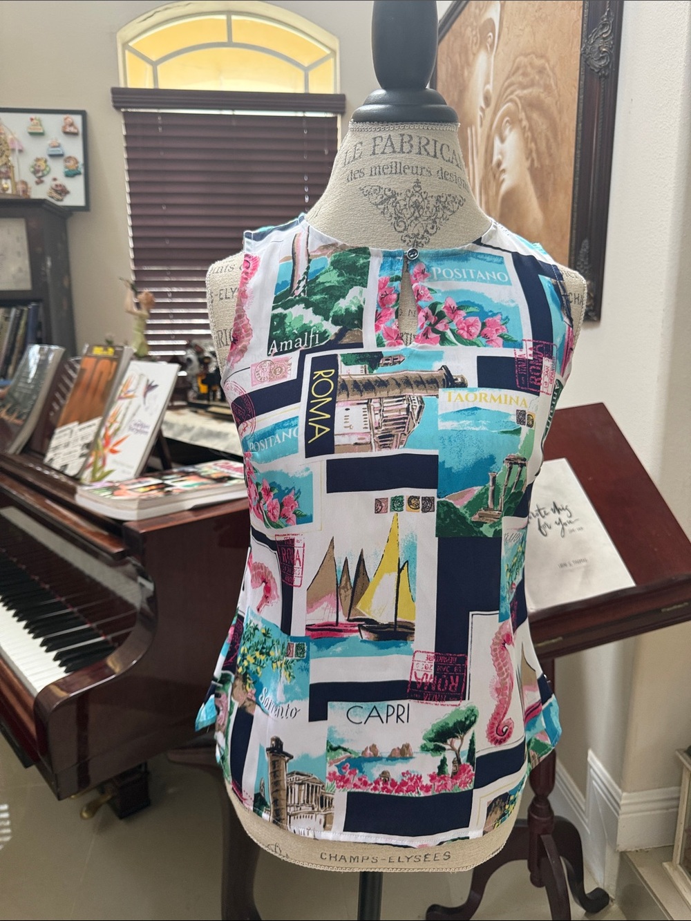 Talbots Petite Sleeveless Floral & Stripe Print Top - Aqua, Navy, Pink